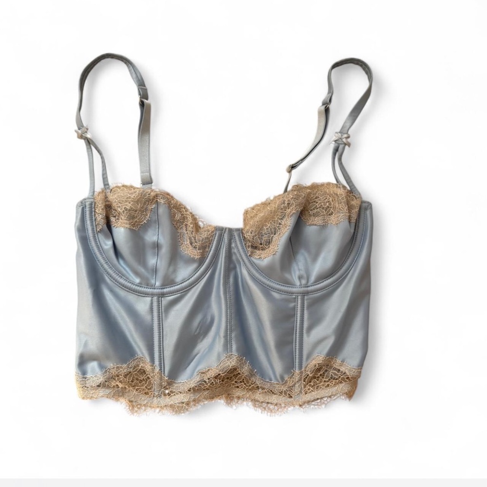 Vintage Victoria's Secret baby blue Satin Longline Bustier with gold Lace